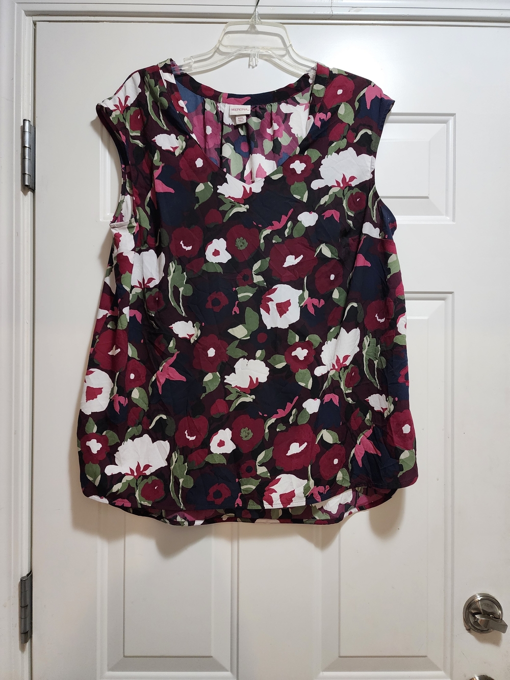 Merona Navy Burgundy Bold Floral Sleeveless V-Neck Tie Front Blouse Size XXL